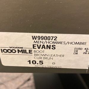 Wolverine thousand mile brown size 10 1/2 brand new in box